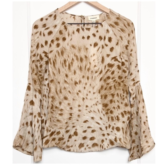 NWT L’AGENCE Silk Chiffon Watercolor Animal Print Long Bell Sleeve Relaxed Top S - Picture 11 of 16